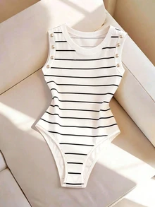 SHEIN Franclia 女款新款極簡時尚水鑽扣飾修身連身衣 - 白色 - 查看 1
