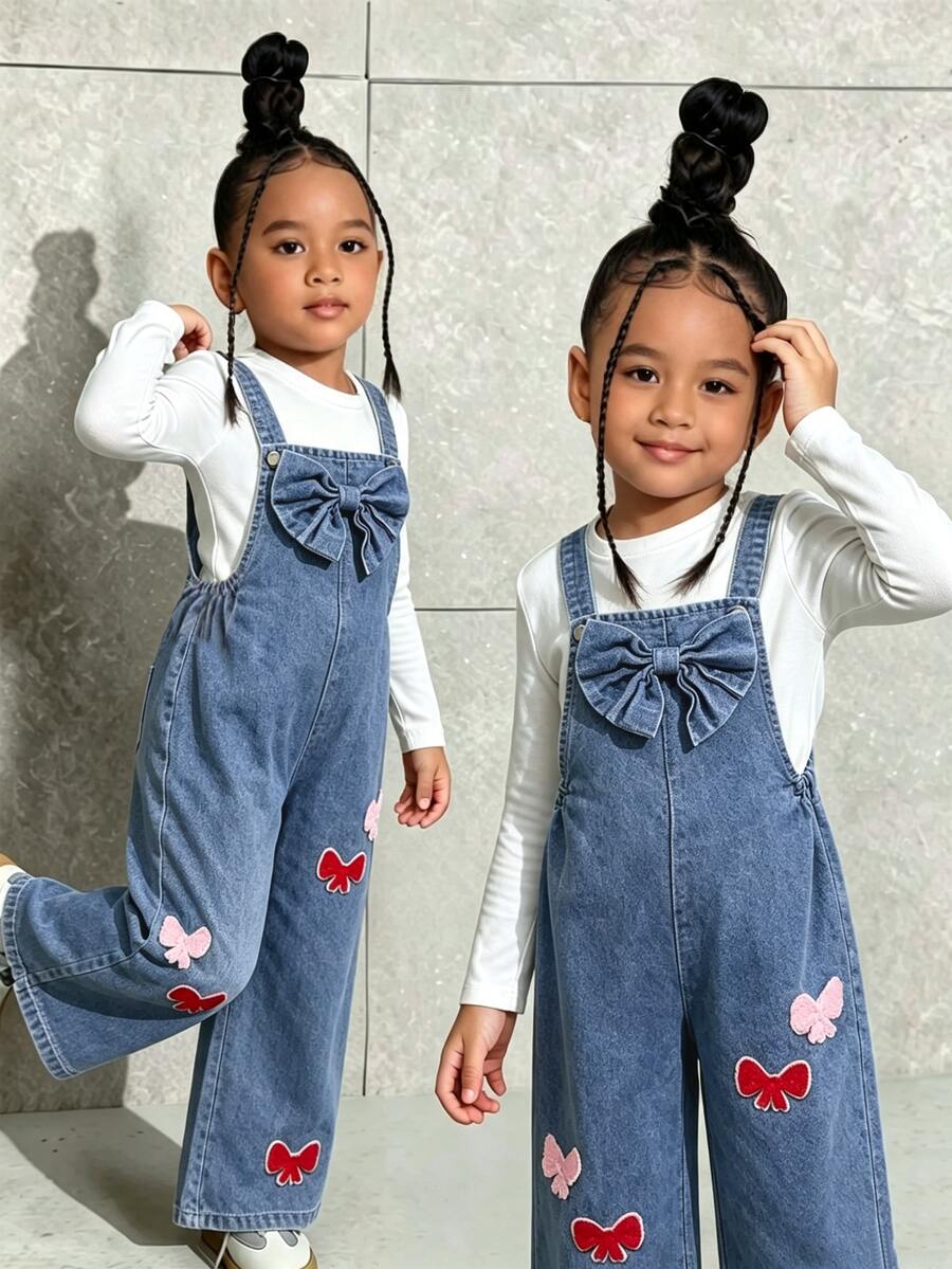 SHEIN Genkimix Kids 女童時尚百搭復古中藍色牛仔吊帶褲，春夏秋冬四季適用，紅粉蝴蝶結裝飾營造可愛氛圍，胸前大蝴蝶結設計，寬鬆直筒版型，柔軟舒適面料，適合日常穿著、上學、外出、度假、派對與通勤 - 藍色 - 查看 1