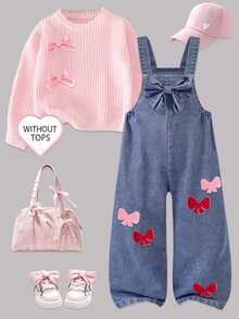 SHEIN Genkimix Kids 女童時尚百搭復古中藍色牛仔吊帶褲，春夏秋冬四季適用，紅粉蝴蝶結裝飾營造可愛氛圍，胸前大蝴蝶結設計，寬鬆直筒版型，柔軟舒適面料，適合日常穿著、上學、外出、度假、派對與通勤 - 藍色 - 查看 5