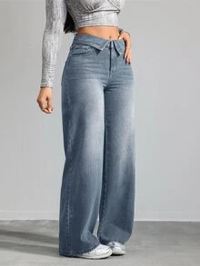 SHEIN Tall 休閒版直筒藍色女款寬鬆牛仔褲 高個女款低腰鬆垮牛仔長褲 秋季 - 中等水洗藍 - 查看 7