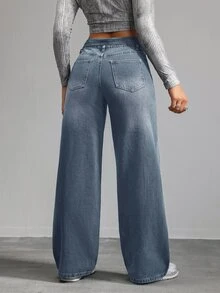 SHEIN Tall 休閒版直筒藍色女款寬鬆牛仔褲 高個女款低腰鬆垮牛仔長褲 秋季 - 中等水洗藍 - 查看 3