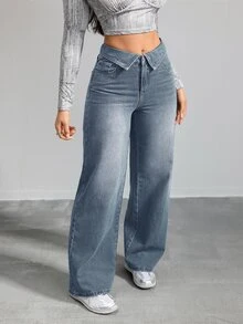 SHEIN Tall 休閒版直筒藍色女款寬鬆牛仔褲 高個女款低腰鬆垮牛仔長褲 秋季 - 中等水洗藍 - 查看 6