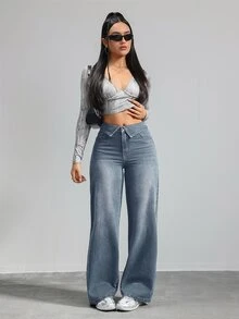 SHEIN Tall 休閒版直筒藍色女款寬鬆牛仔褲 高個女款低腰鬆垮牛仔長褲 秋季 - 中等水洗藍 - 查看 5