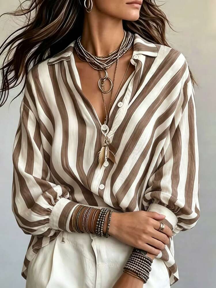 SHEIN Holidaya 女款復古棕色條紋領寬鬆長袖襯衫，垂墜休閒度假通勤百搭上衣 - 棕色 - 查看 3