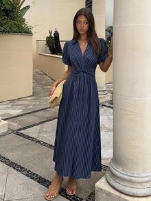 Siren Gaze 女款條紋百褶休閒日常夏季長洋裝 - 寶藍色 - 查看 7