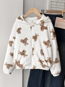 SHEIN 青少年女孩極簡時尚休閒毛絨可愛熊圖案夾克，秋冬/四季穿著 - 彩色 - 查看 7