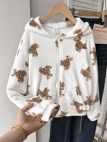SHEIN 青少年女孩極簡時尚休閒毛絨可愛熊圖案夾克，秋冬/四季穿著 - 彩色 - 查看 6