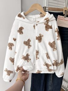 SHEIN 青少年女孩極簡時尚休閒毛絨可愛熊圖案夾克，秋冬/四季穿著 - 彩色 - 查看 5