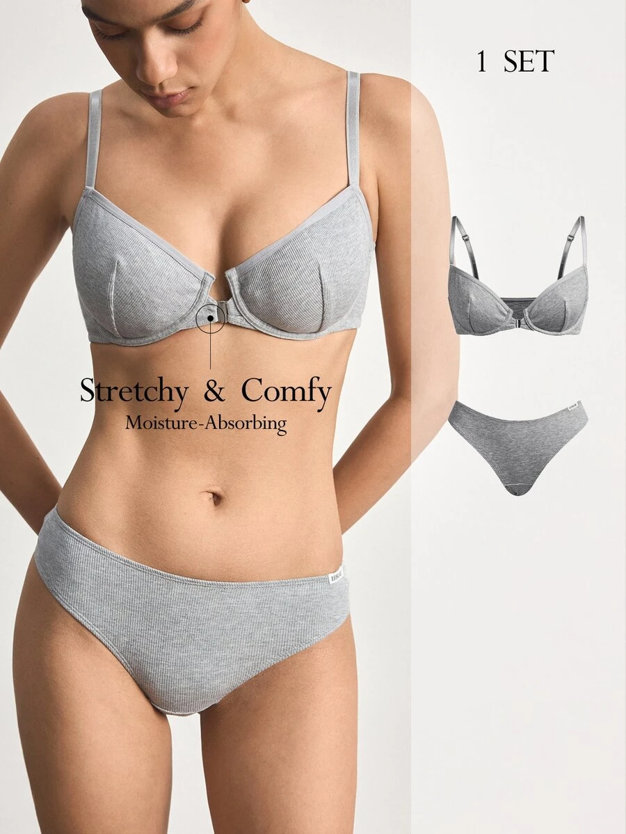 Ocili 2pcs Front Closure Underwire Push-Up Bra Set With Side-Boob Support - Grey - View 1
