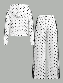 SHEIN Tween女孩休閒日常百搭舒適波點印花連帽衛衣與長褲套裝 秋冬款 - 黑與白 - 查看 13