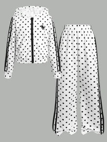 SHEIN Tween女孩休閒日常百搭舒適波點印花連帽衛衣與長褲套裝 秋冬款 - 黑與白 - 查看 3