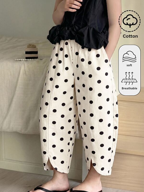 SHEIN Tween Girl Tween Girl Girls' Polka Dot Apricot Denim Loose Tulip Leg Pants Halloween World Cup Graduation Casual Back To School Summer Winter Fall Polka
