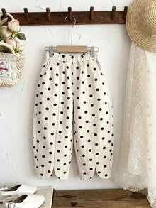SHEIN Tween女孩女童波點杏色牛仔寬鬆鬱金香腿褲，適合萬聖節、世界盃、畢業季、休閒、返校季、夏冬秋季穿著 - 彩色 - 查看 2