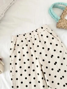 SHEIN Tween女孩女童波點杏色牛仔寬鬆鬱金香腿褲，適合萬聖節、世界盃、畢業季、休閒、返校季、夏冬秋季穿著 - 彩色 - 查看 3
