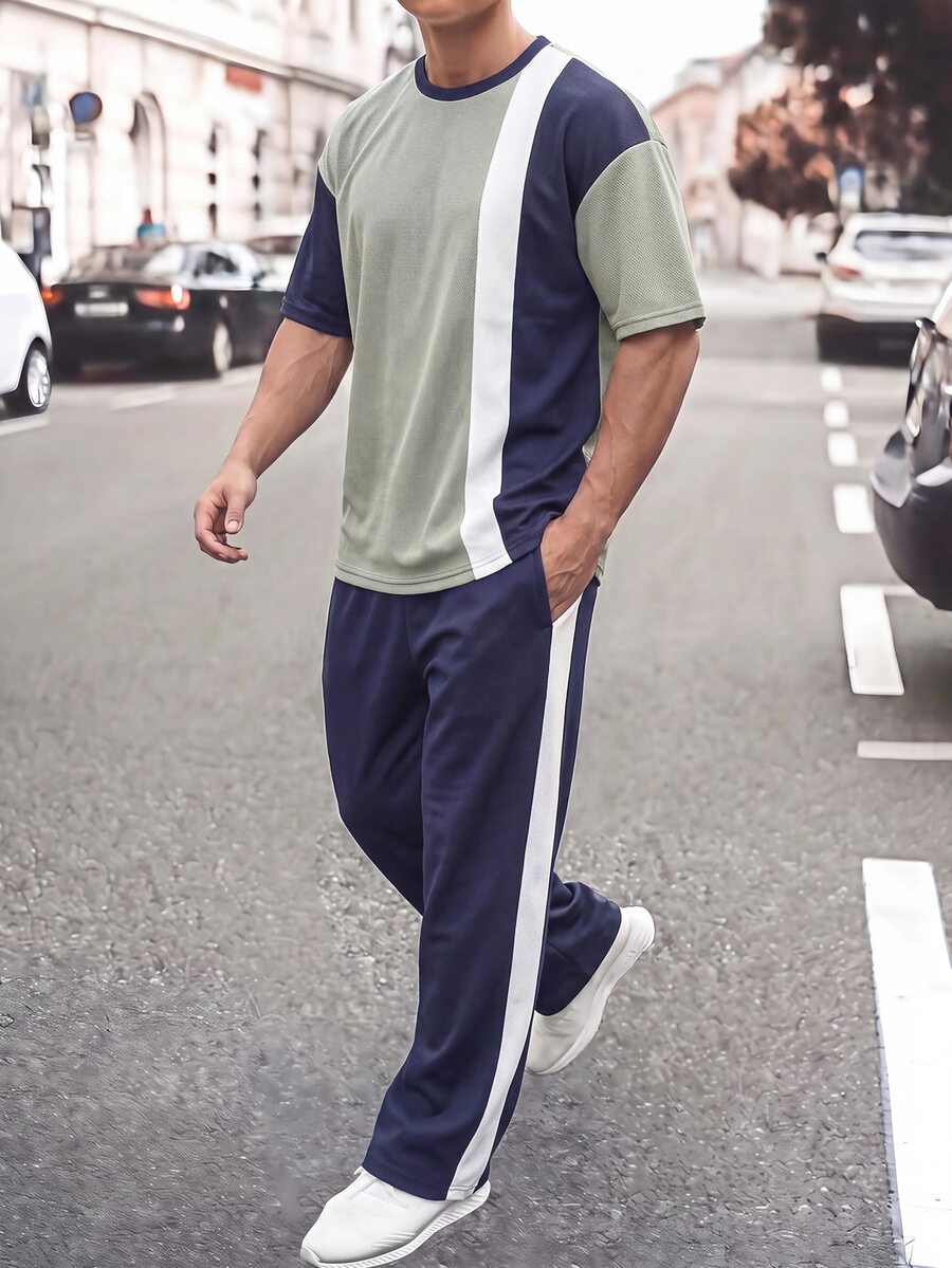 SHEIN 2件組青少年男孩休閒學院風拼接圓領短袖T恤與長褲套裝，適合通勤、上學、日常休閒、旅行、運動，春夏穿著