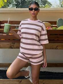 Veykashi Plus Size Casual Asymmetric Striped Print Round Neck Short Sleeve T-Shirt And Striped Shorts 2-Piece Set, Suitable For Spring/Summer, Vacation, Daily Wear - Multicolor - View 6
