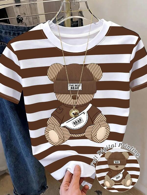 Women's Plus Size Summer Casual Cute Bear Striped Print T-Shirt