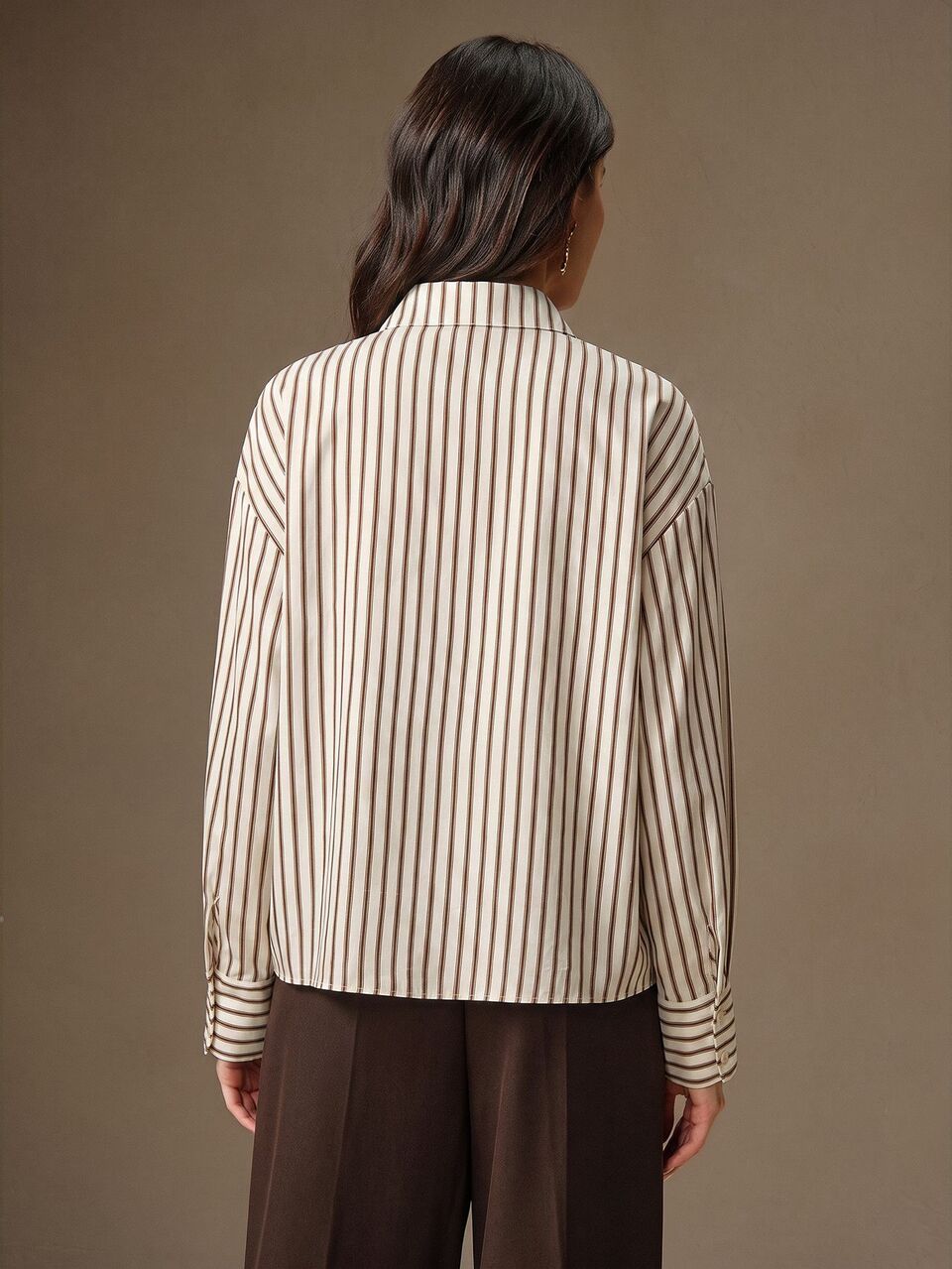 Anewsta Spring/Summer Beige Brown Striped Floral Embroidered Casual Versatile Women's Blouse For Daily Commute