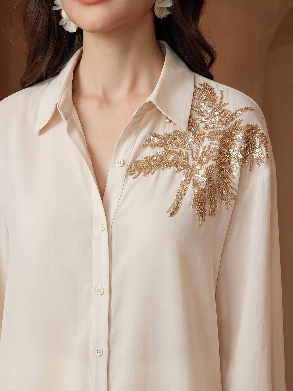Anewsta Spring/Summer New Elegant Fashionable Outing Professional Vacation Sequin Embroidered Coconut Tree Long Sleeve Women's Blouse