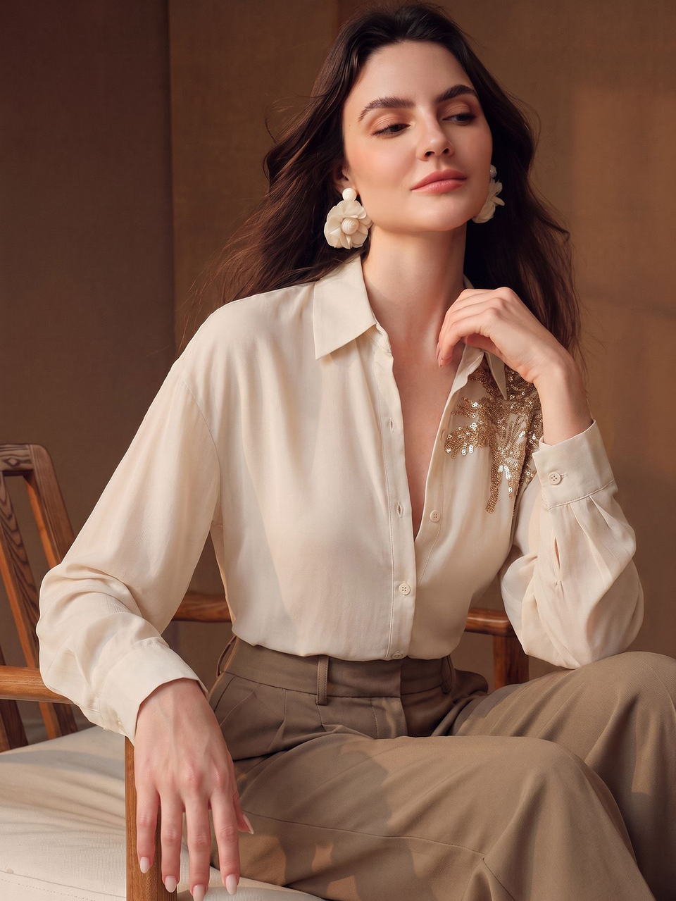 Anewsta Spring/Summer New Elegant Fashionable Outing Professional Vacation Sequin Embroidered Coconut Tree Long Sleeve Women's Blouse