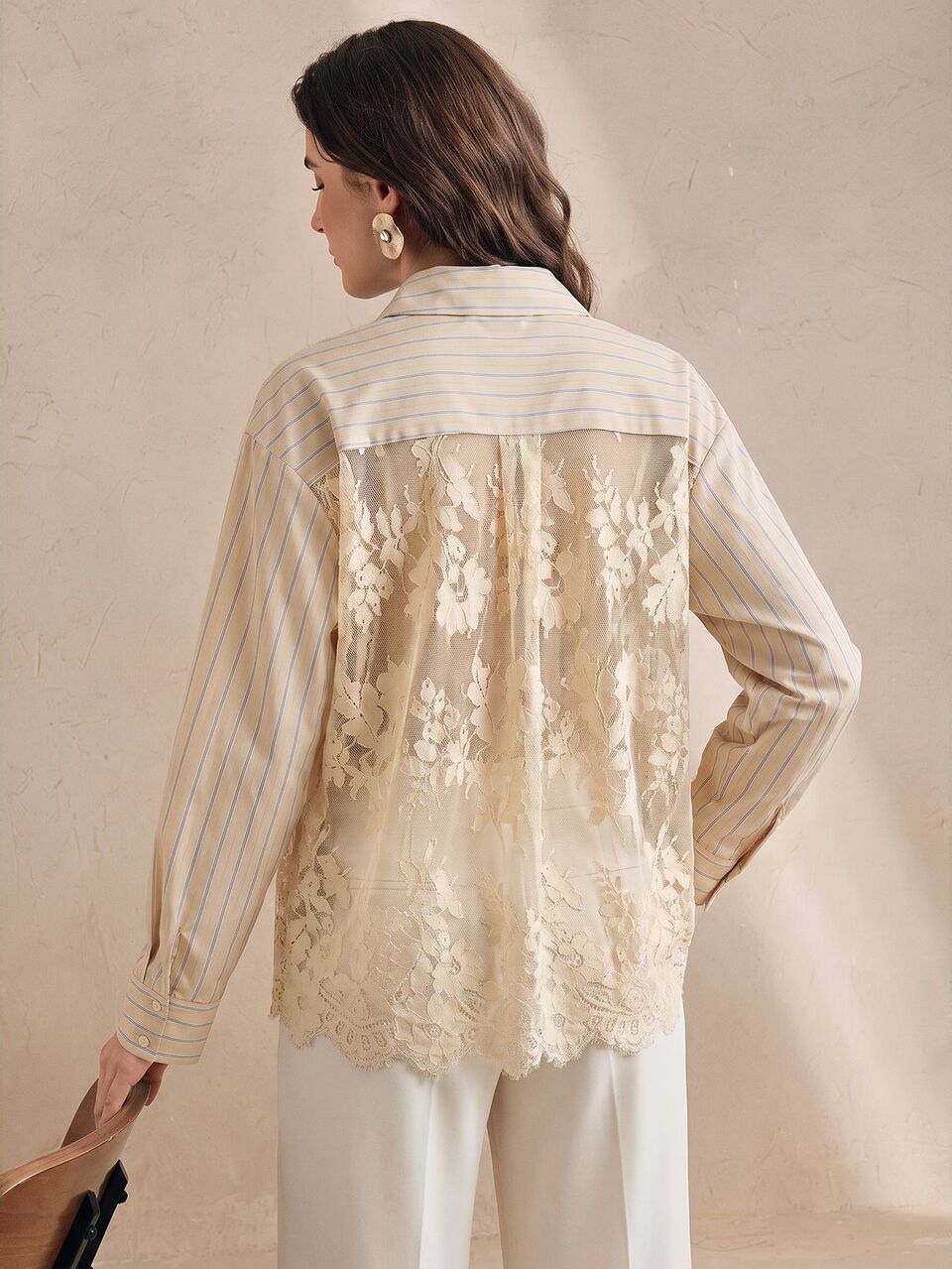 Anewsta Women's Autumn Elegant Back Lace Patchwork Fashion Casual Sheer Beige Long Sleeve Blouse, Teachers' Day Office Business