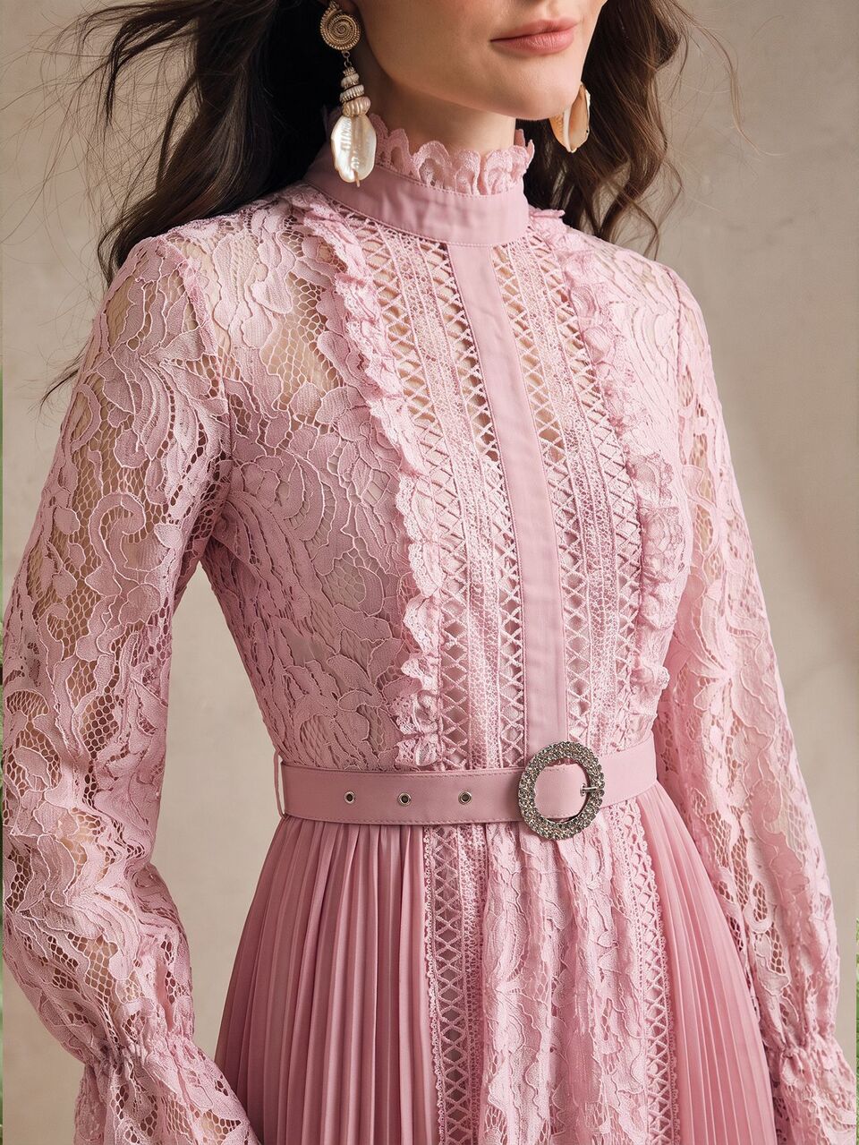 Anewsta Women's Autumn/Winter Long Dress, Elegant Elegant, Heavy Lace Trim Patchwork, Pleated Hollow Design, Slimming Waist, Fashionable, Going Out, Party, Formal