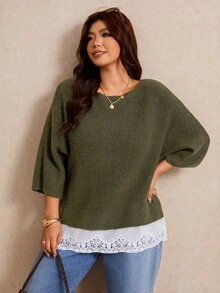 Elaquor Plus Size Pullover Sweater With Lace Trim, New Autumn/Winter Style Fall - Army Green - View 7