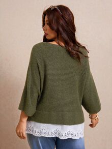Elaquor Plus Size Pullover Sweater With Lace Trim, New Autumn/Winter Style Fall - Army Green - View 3