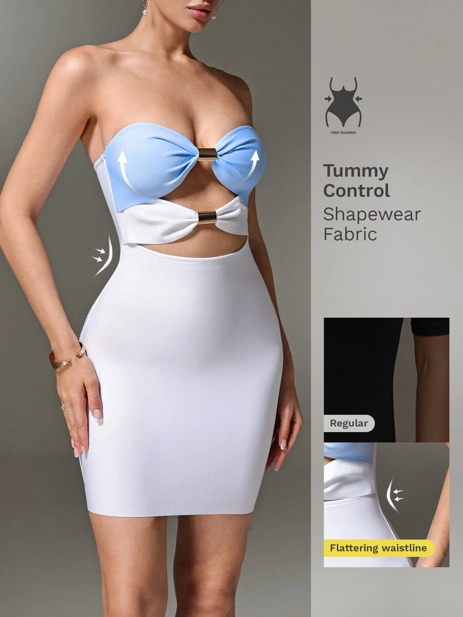 Nuvra Gaun Mini Bodycon Tanpa Tali dengan Gesper Logam Berongga Warna Putih dan Biru untuk Wanita, Cocok untuk Pesta Malam, Klub, dan Musim Panas, Seksi dengan Desain Bandage. - MultiWarna - View 1