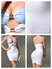 Nuvra Gaun Mini Bodycon Tanpa Tali dengan Gesper Logam Berongga Warna Putih dan Biru untuk Wanita, Cocok untuk Pesta Malam, Klub, dan Musim Panas, Seksi dengan Desain Bandage. - MultiWarna - View 6