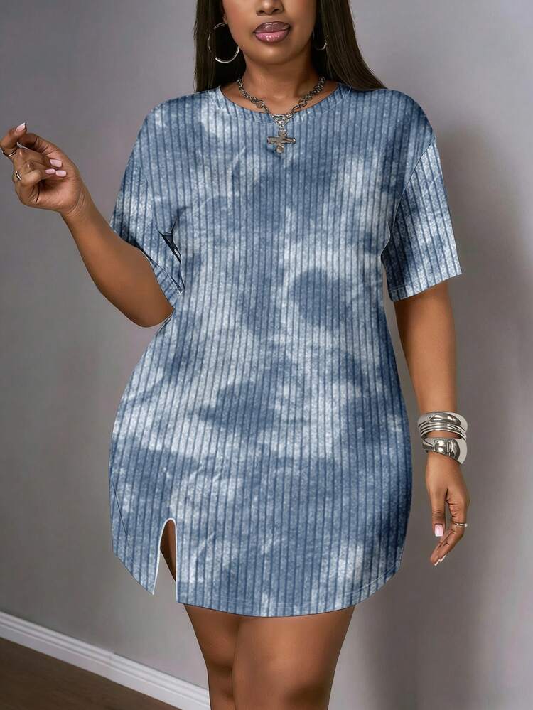 Slaydiva Tie-Dye Textured Plus Size Women Short Sleeve Dress, Suitable For Music Festivals - Multicolor - View 6
