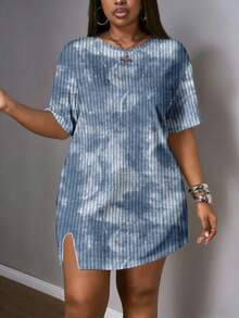 Slaydiva Tie-Dye Textured Plus Size Women Short Sleeve Dress, Suitable For Music Festivals - Multicolor - View 5