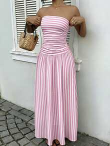 SHEIN EZwear 女士粉色条纹印花无肩带连衣裙 - 优雅的法式波西米亚海滩度假风，浪漫可爱甜美少女风，适合度假、生日、毕业典礼、返校、比赛、西部风情节、海岛风复古、海滨度假、春假、邮轮旅行、音乐节、演唱会、婚礼宾客、城市旅行和假日穿着，春夏必备单品 - 彩色 - 查看 6