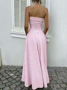 SHEIN EZwear 女士粉色条纹印花无肩带连衣裙 - 优雅的法式波西米亚海滩度假风，浪漫可爱甜美少女风，适合度假、生日、毕业典礼、返校、比赛、西部风情节、海岛风复古、海滨度假、春假、邮轮旅行、音乐节、演唱会、婚礼宾客、城市旅行和假日穿着，春夏必备单品 - 彩色 - 查看 2