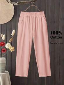 Rusticease Women's Elastic Waist Casual Versatile Everyday Travel Long Pants Everyday Home Panlakad Work Dusty Pink Summer - Pink - View 8