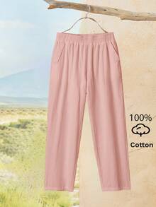 Rusticease Women's Elastic Waist Casual Versatile Everyday Travel Long Pants Everyday Home Panlakad Work Dusty Pink Summer - Pink - View 3