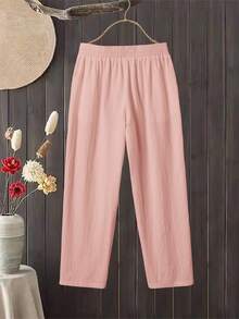 Rusticease Women's Elastic Waist Casual Versatile Everyday Travel Long Pants Everyday Home Panlakad Work Dusty Pink Summer - Pink - View 2
