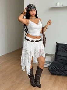 Coolane Women's Plus Size White Summer Fall Boho Rave Concert Skirt Asymmetrical Ruffle Fringe Breathable Mesh Fabric Mid Rise Oversized Flattering - White - View 5
