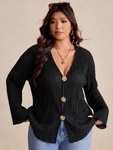 Elaquor 大尺碼女款純色休閒百搭長袖夾克外套，適合日常穿著、外出、秋冬辦公商務工作穿搭 - 黑色 - 查看 4