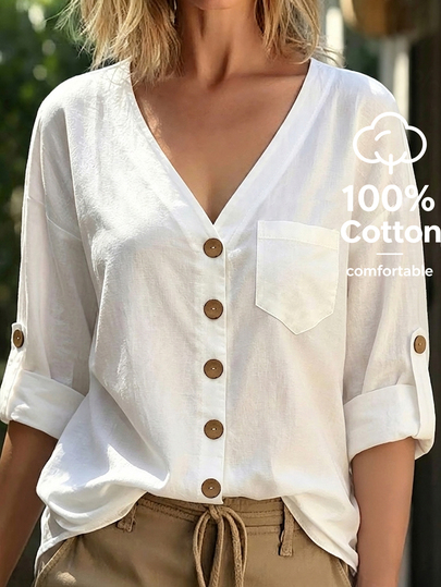 Linhara Plus Size Women's Solid Color V-Neck Drop Shoulder Long Sleeve Button-Up Shirt With Pockets, Cotton Blouse, Autumn Baggy Top, White Formal Vacation