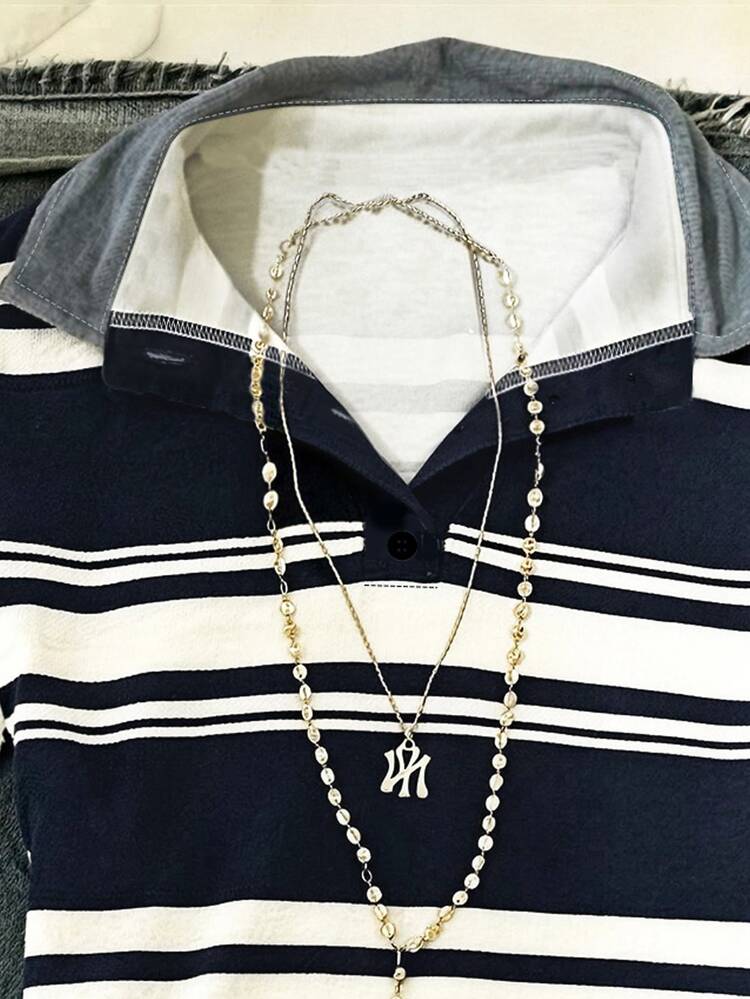 IslaSuriya 女士户外休闲运动Polo衫，夏季新款，多色条纹印花，黑白花卉印花，适合办公室和居家穿着。 - 彩色 - 查看 3