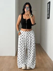 Coolane 女款男款大尺碼秋季外出優雅基本款日常穿著街頭風休閒寬鬆中腰黑白波點運動長褲 - 黑與白 - 查看 7