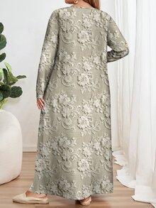 EMERY ROSE 优雅浪漫刺绣印花加大码长袖圆领连衣裙，适合派对穿着 - 彩色 - 查看 2