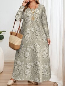 EMERY ROSE 优雅浪漫刺绣印花加大码长袖圆领连衣裙，适合派对穿着 - 彩色 - 查看 5