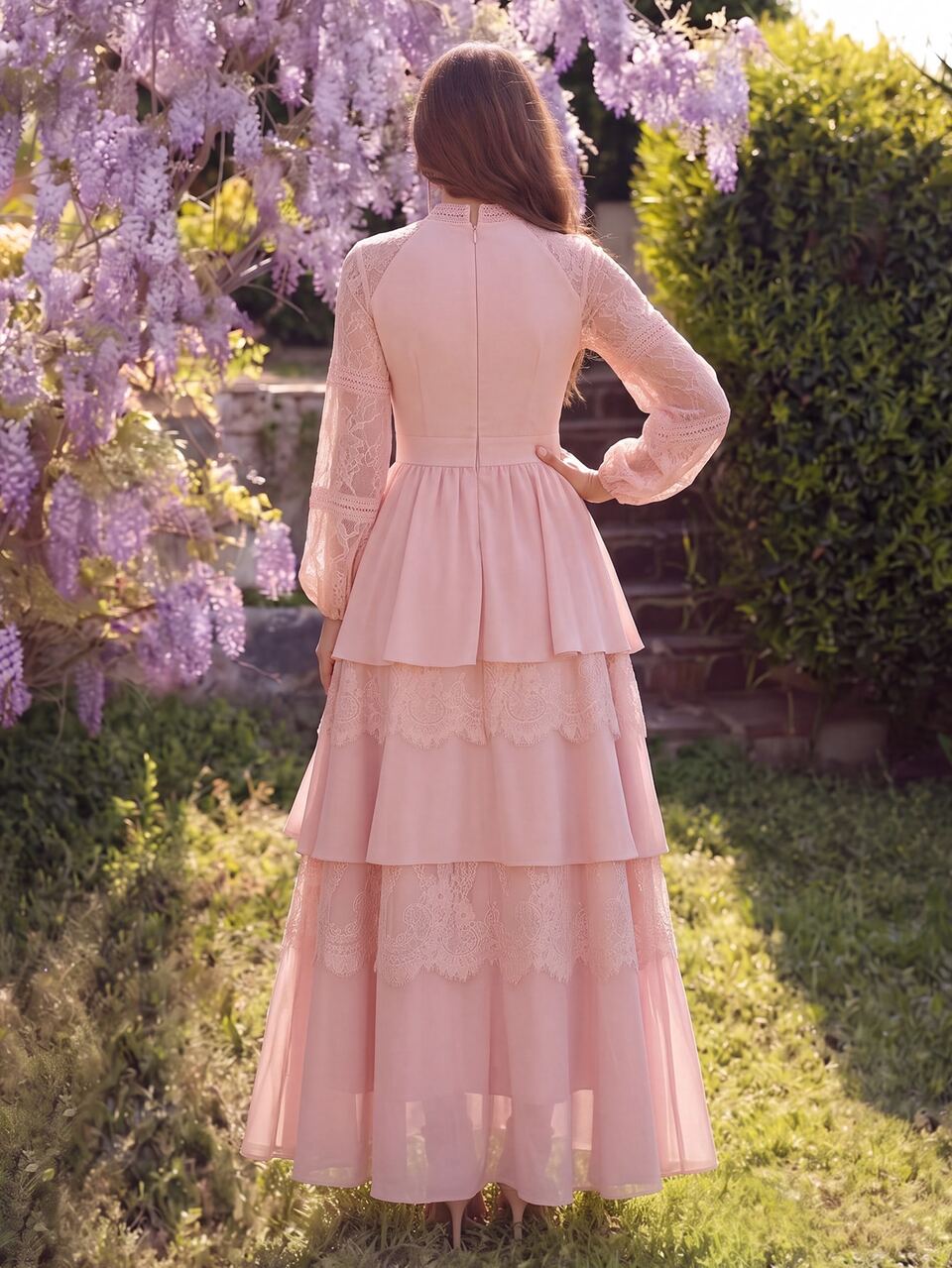 Anewsta Women's New Pink Long Sleeve Elegant Ruffle Lace Dress, Suitable For Vacation, Outing, Party, Date, Daily Wear, Long Dress For Women