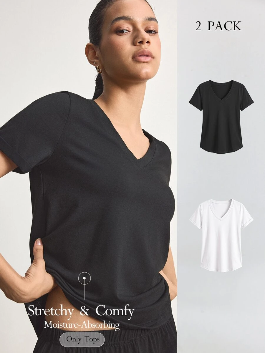 Ocili Women's Spring/Summer Fashion Minimalist Black & Two-Tone V-Neck Knit Loungewear Top 2-Piece Set - Multicolor - View 1