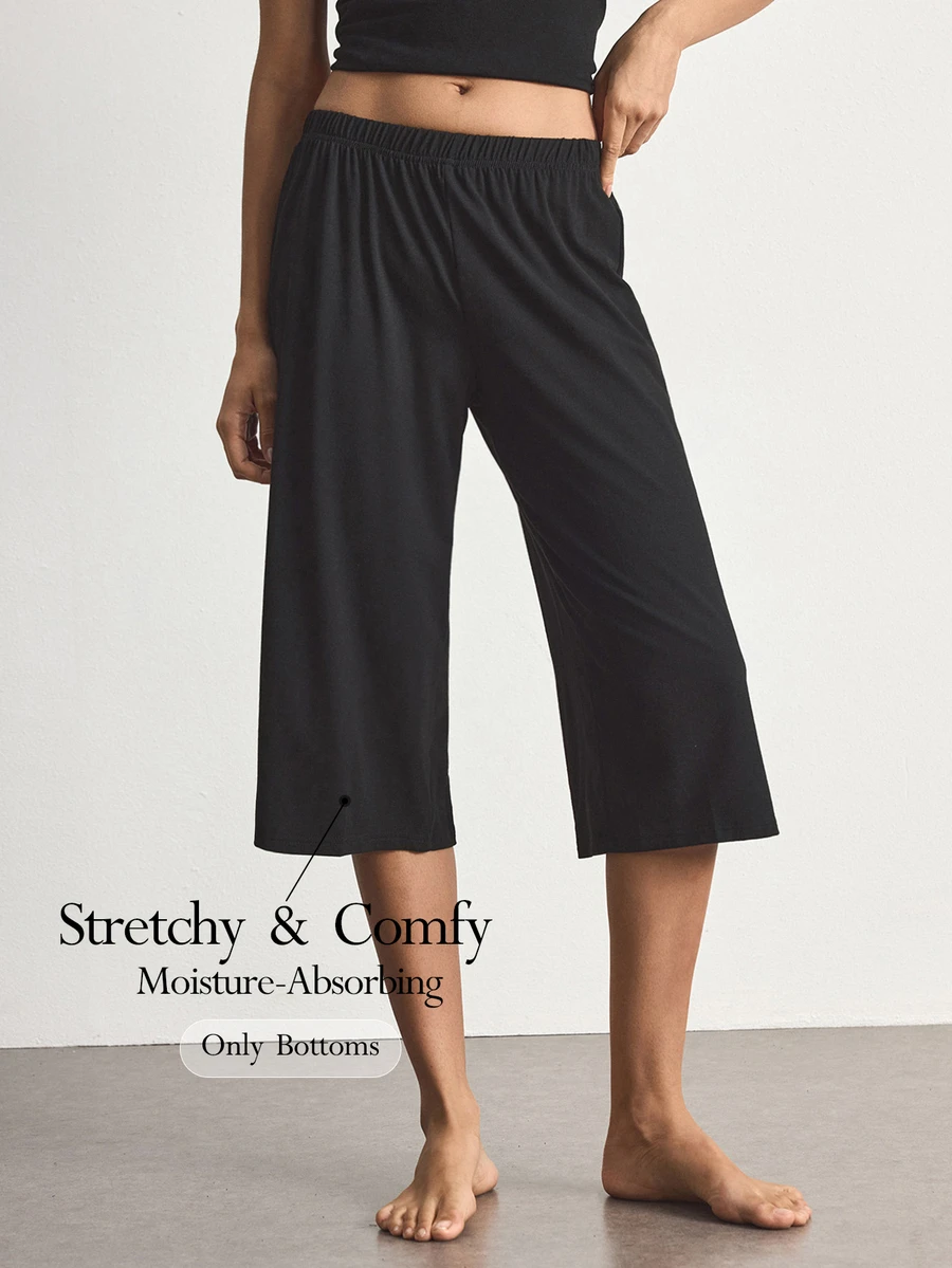 Ocili Women's Basic Minimalist Fashion Black Knit Lounge Pants, 3/4 Length - Black - View 1