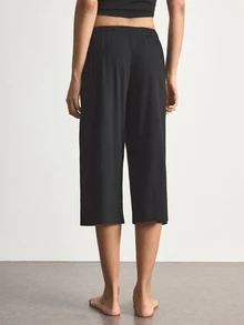 Ocili Women's Basic Minimalist Fashion Black Knit Lounge Pants, 3/4 Length - Black - View 2