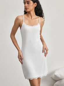 Ocili 女款純色極簡日常舒適軟蕾絲細肩帶睡裙家居服洋裝 - 白色 - 查看 5