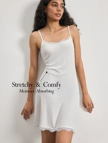 Ocili 女款純色極簡日常舒適軟蕾絲細肩帶睡裙家居服洋裝 - 白色 - 查看 1